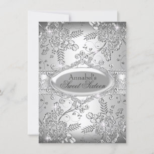 Silver Sparkle Flower Sweet 16 Invite