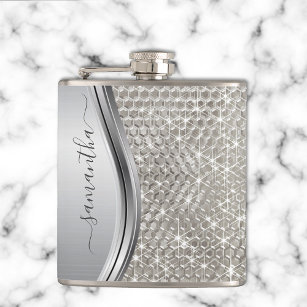 Silver Sparkle Glam Bling Personalised Metal Hip Flask