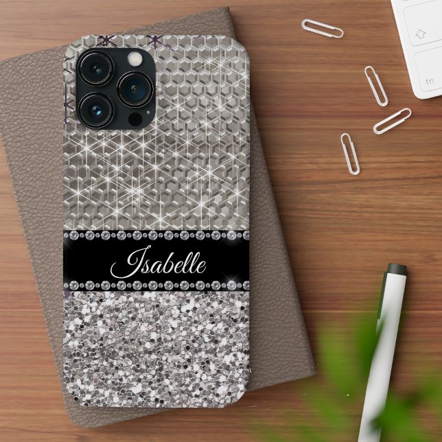 Silver Sparkle Glam Bling Personalized Metal Case-Mate iPhone Case
