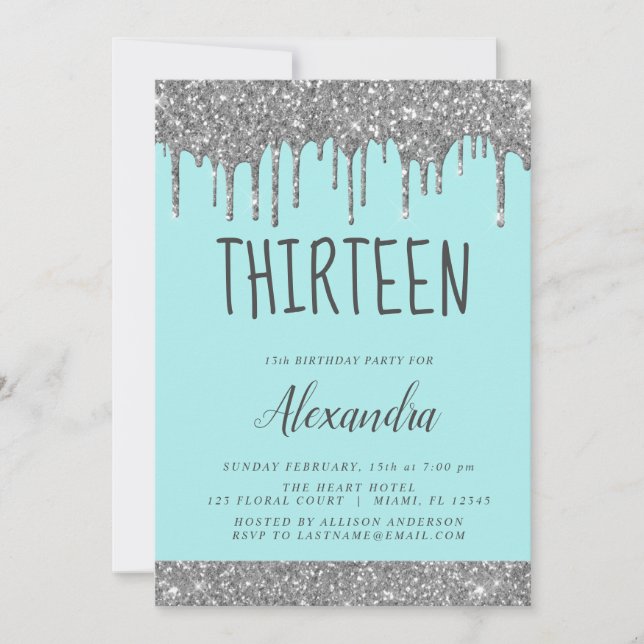 Silver Sparkle Glitter 13th Thirteen Birthday Invitation (Front)