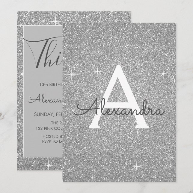 Silver Sparkle Glitter 13th Thirteen Birthday Invitation (Front/Back)