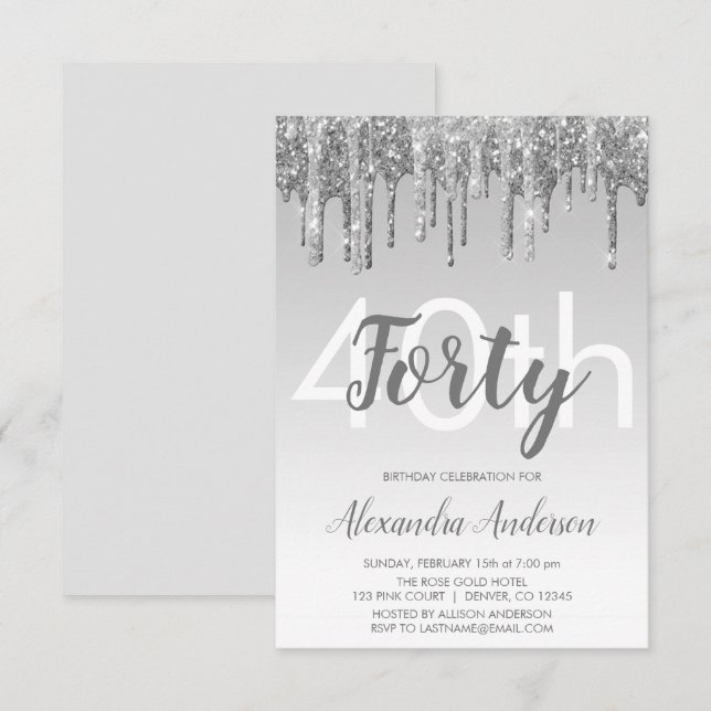 Silver Sparkle Glitter 40th Birthday Party Invitation (Front/Back)