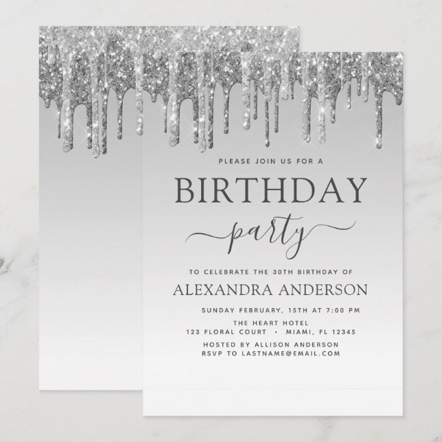 Silver Sparkle Glitter Any Age  Birthday Invitation (Front/Back)