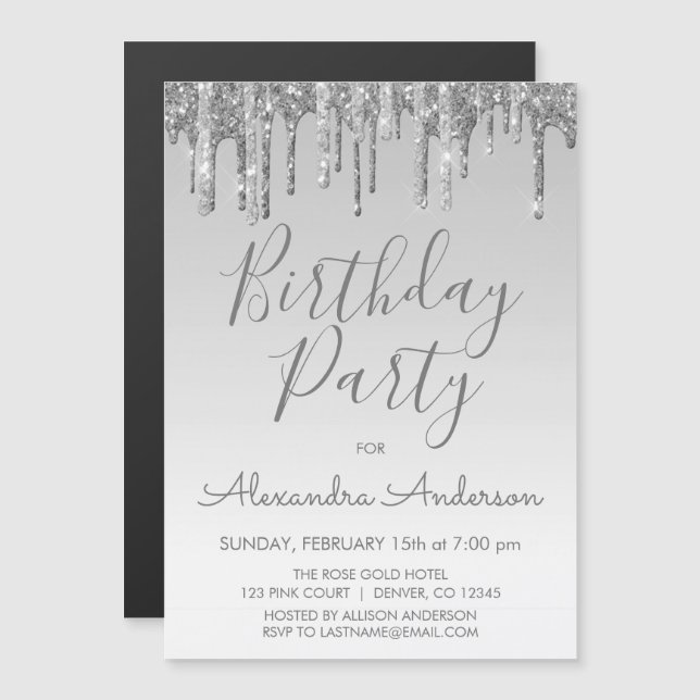 Silver Sparkle Glitter Any Age  Birthday Magnetic Invitation (Front/Back)