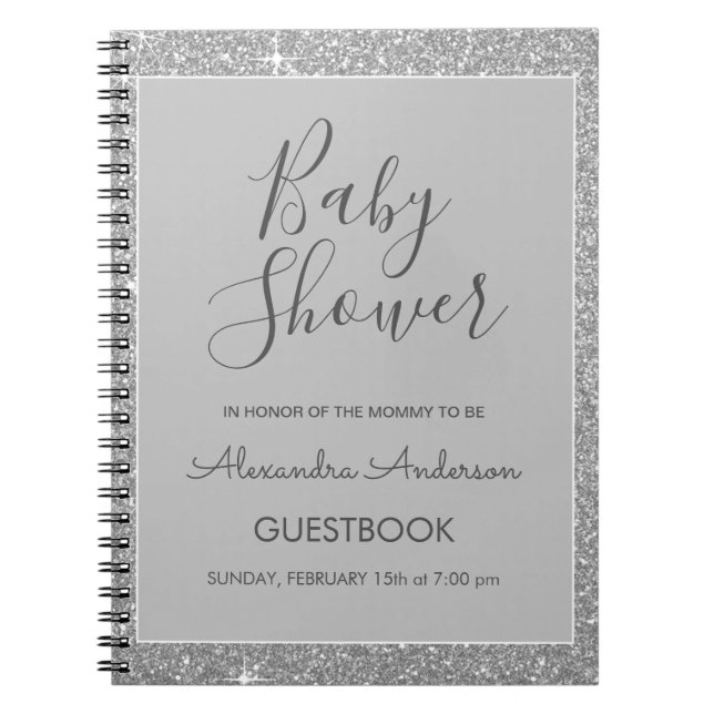 Silver Sparkle Glitter Baby Shower Guestbook Notebook (Front)