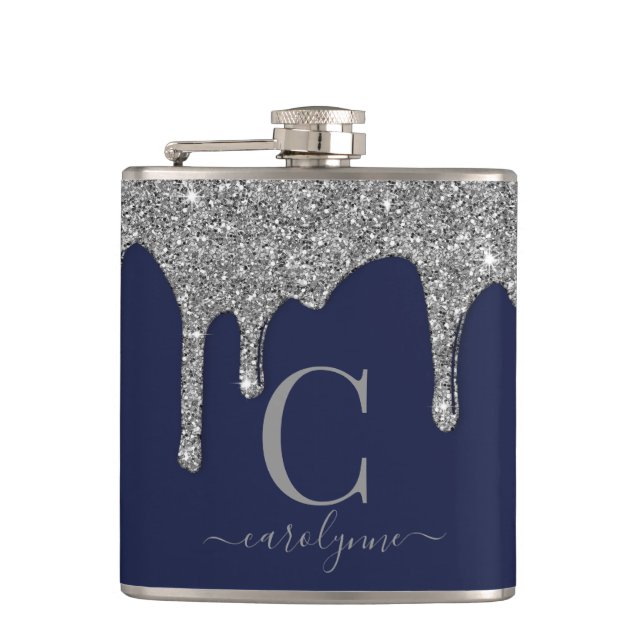 Silver Sparkle Glitter Drips Navy Blue Monogram Hip Flask (Front)