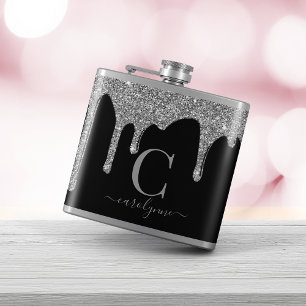 Silver Sparkle Glitter Drips on Black Monogram Hip Flask