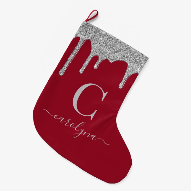 Silver Sparkle Glitter Drips on Red Monogram Large Christmas Stocking (Front (Hanging))