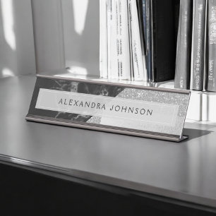 Silver Sparkle Glitter Foil and Black Marble Desk Name Plate