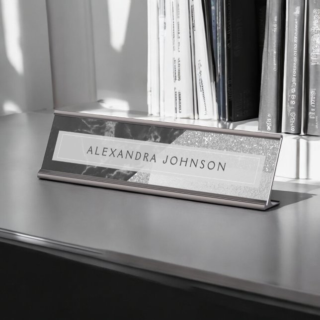 Silver Sparkle Glitter Foil and Black Marble Desk Name Plate (Creator Uploaded)
