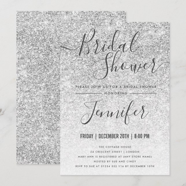 Silver Sparkle Glitter Glam Bridal Shower Invitation (Front/Back)