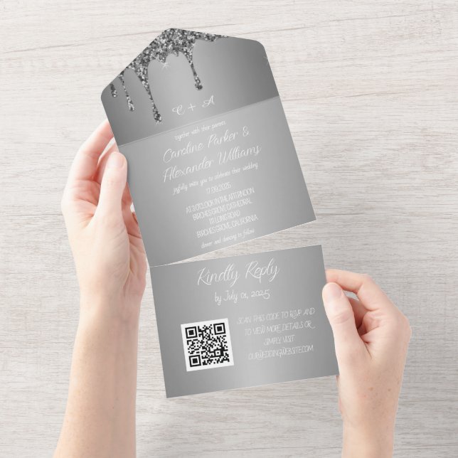 Silver Sparkle Glitter Grey Script RSVP QR Code Al All In One Invitation (Tearaway)