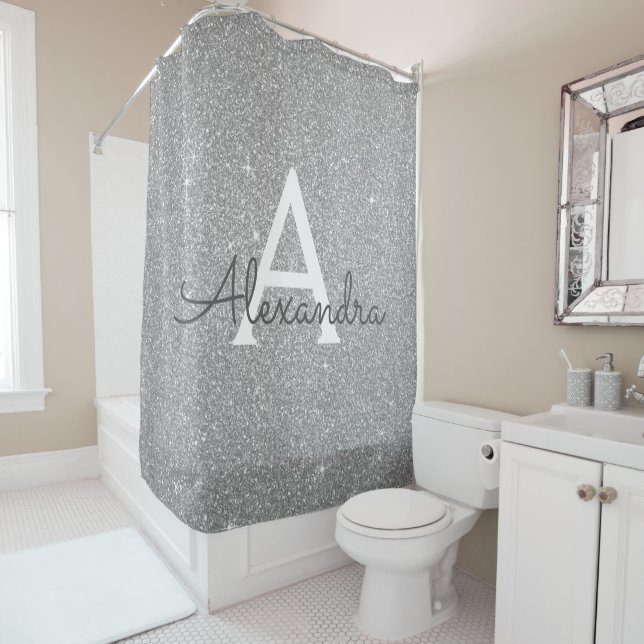 Silver Sparkle Glitter Monogram Name Bathroom Shower Curtain (In Situ)