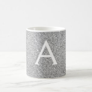Silver Sparkle Glitter Monogram Name & Initial Coffee Mug