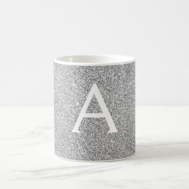 Silver Sparkle Glitter Monogram Name & Initial Coffee Mug (Center)