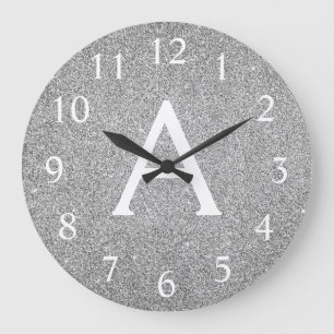 Silver Sparkle Glitter Monogram Name & Initial Large Clock