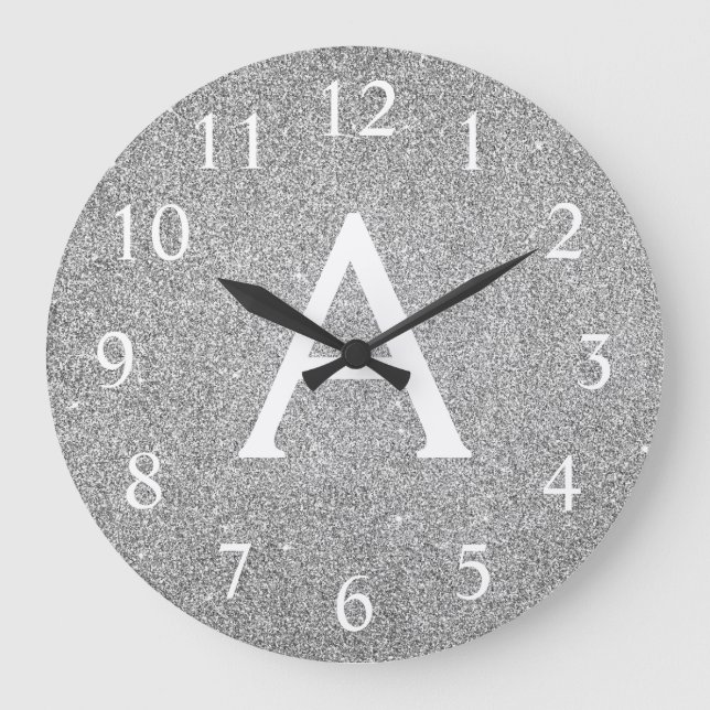 Silver Sparkle Glitter Monogram Name & Initial Large Clock (Front)