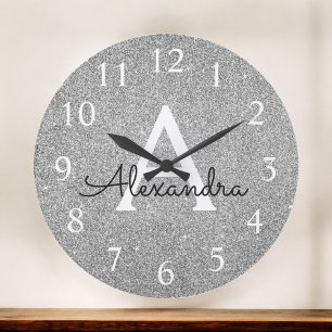 Silver Sparkle Glitter Monogram Name & Initial Large Clock