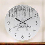 Silver Sparkle Glitter Monogram Name & Initial Large Clock<br><div class="desc">Silver Ombre Dripping Sparkle Glitter Monogram Name and Initial Serving Wall Clock. The Wall Clock makes the perfect gift for someone who loves silver sparkle glitter.</div>