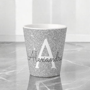 Silver Sparkle Glitter Monogram Name & Initial Latte Mug