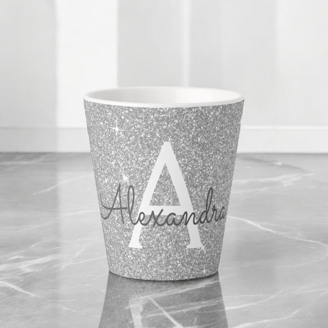 Silver Sparkle Glitter Monogram Name & Initial Latte Mug (Creator Uploaded)