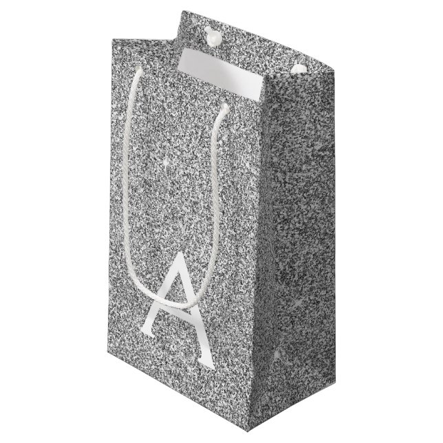 Silver Sparkle Glitter Monogram Name & Initial Small Gift Bag (Front Angled)