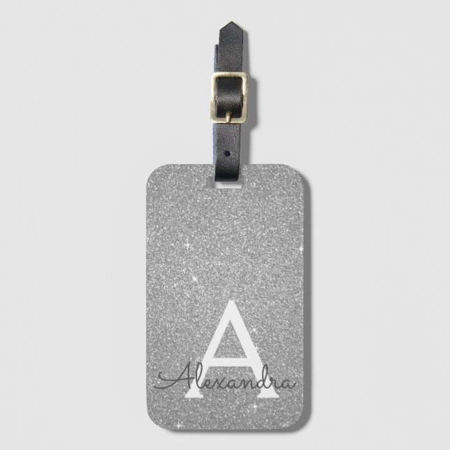 Silver Sparkle Glitter Monogram Name Luggage Tag (Front Vertical)