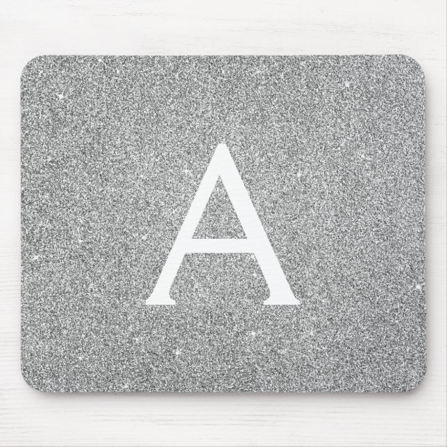 Silver Sparkle Glitter Monogram Name Mousepad (Front)