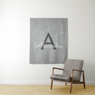 Silver Sparkle Glitter Monogram Tapestry