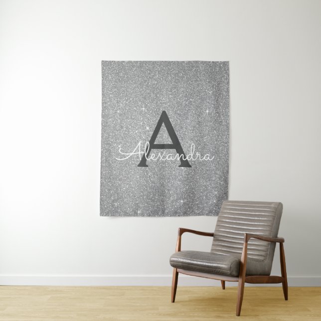 Silver Sparkle Glitter Monogram Tapestry (In Situ)