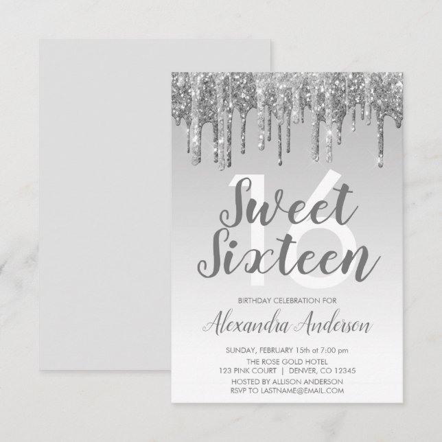 Silver Sparkle Glitter Sweet Sixteen Birthday Invitation (Front/Back)