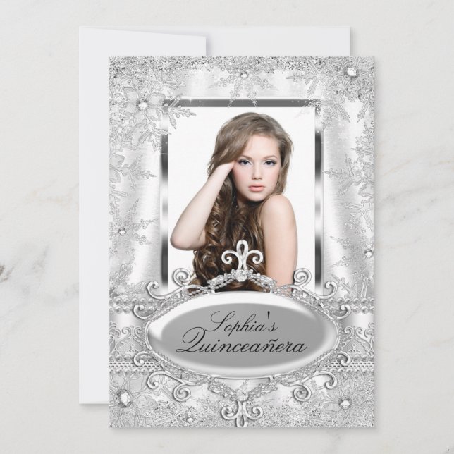 Silver Sparkle Jewel Snowflake Quinceanera Invitation (Front)