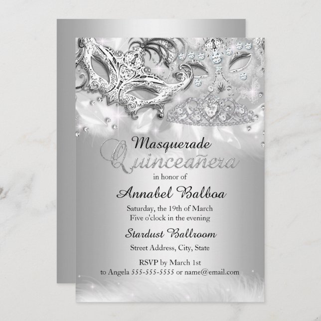 Silver Sparkle Masquerade Quinceanera Invite (Front/Back)