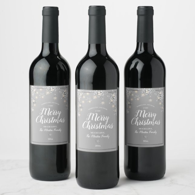 Silver Sparkle Merry Christmas Wine Label (Bottles)