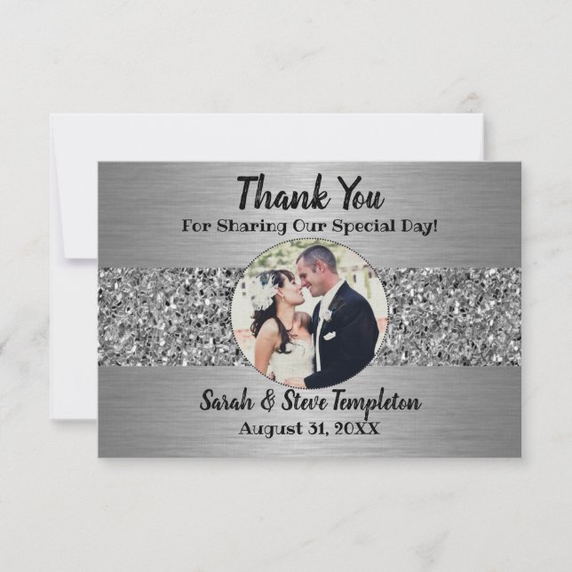 Silver Sparkle Photo Wedding Thank you Cards (Front)