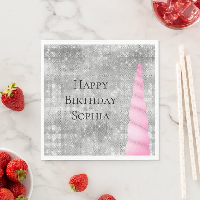 Silver Sparkle Pink Glam Unicorn Birthday Napkin (Insitu)
