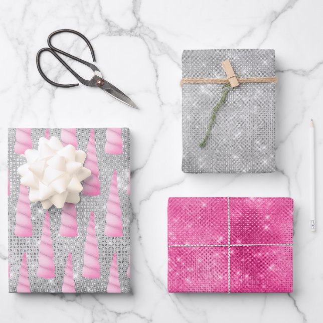 Silver Sparkle Pink Glam Unicorn Birthday Wrapping Paper Sheet (Front)