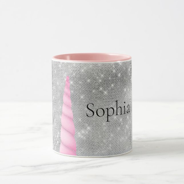 Silver Sparkle Pink Glam Unicorn personalised Mug (Center)