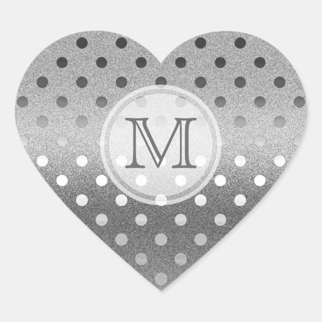 Silver Sparkle: Polka-dots: Monogram Stamp Heart Sticker (Front)