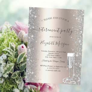 Silver Sparkle Prosecco Pearls Ivory Retirement Invitation