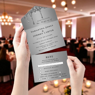 Silver Sparkle RSVP Elegant Modern Wedding All In One Invitation