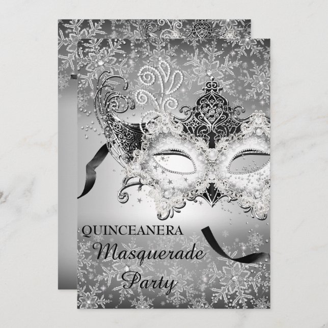 Silver Sparkle Snowflake Masquerade Quinceanera Invitation (Front/Back)