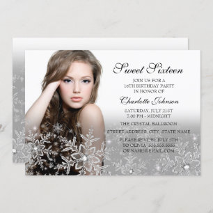 Silver Sparkle Snowflake Photo Sweet 16 Invitation