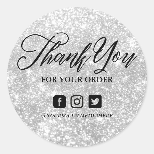 Silver Sparkle Social Media Thank You Custom Classic Round Sticker (Front)
