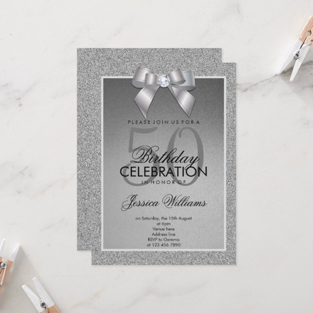 Silver Sparkle & Stylish Gem Birthday  Invitation (Front/Back In Situ)