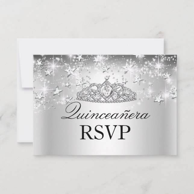 Silver Sparkle Tiara & Stars Quinceanera RSVP (Front)