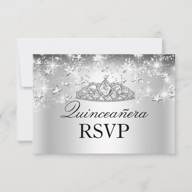 Silver Sparkle Tiara & Stars Quinceanera RSVP Card (Front)