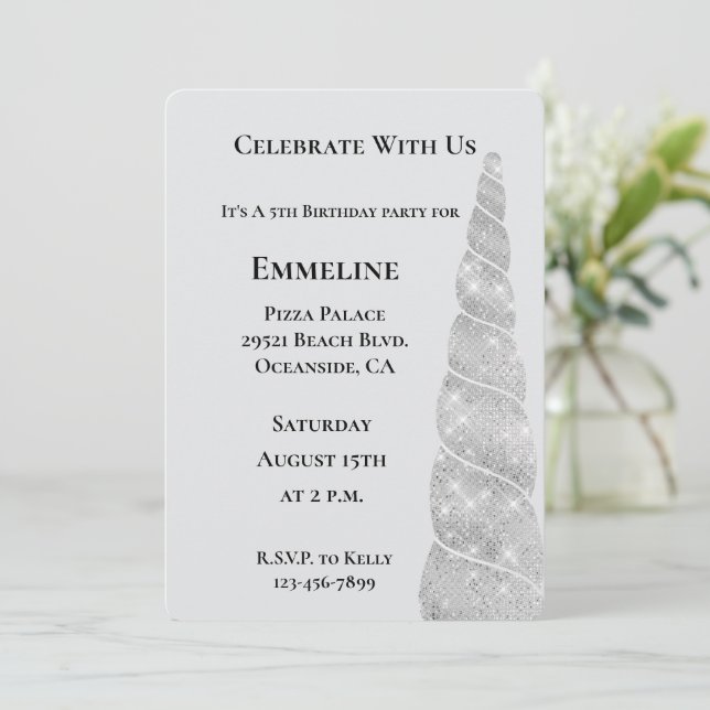 Silver Sparkle Unicorn Birthday Invitation (Standing Front)