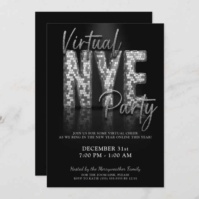 Silver Sparkle Virtual New Years Eve Party Invitation (Front/Back)