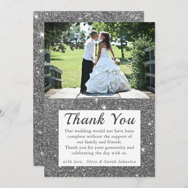 Silver Sparkle Wedding Photo Thank You Cards (Front/Back)